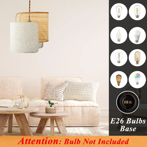 Miniatura 3 de Lámpara colgante boho con enchufe, lámpara de araña boho regulable sin escalones con pantalla tejida de bambú y lino, lámpara colgante enchufable