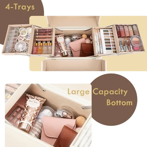 Miniatura 5 de Joligrace - Estuche de maquillaje portátil grande con organizador de almacenamiento de cosméticos con cerradura, con 4 compartimentos de bandeja