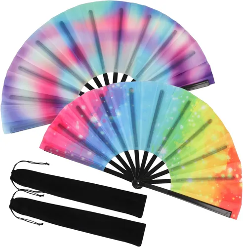 Miniatura 9 de Paquete de 2 ventiladores de mano plegables grandes con bolsas, ventilador de mano de verano para hombres y mujeres para festivales de música, baile