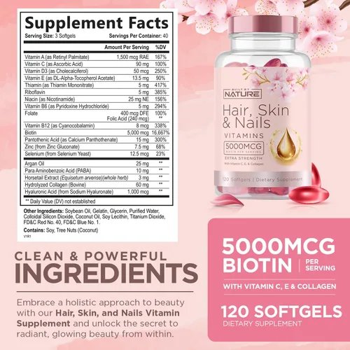 Miniatura 2 de Vitaminas para la piel y las uñas – 5000 mcg de biotina con vitamina C, E, colágeno, ácido hialurónico, argán y aceite de coco – Delicioso