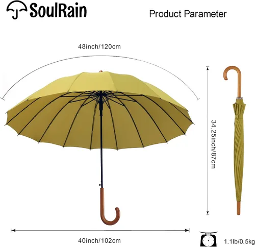 Miniatura 13 de SoulRain Paraguas de palo de 16 varillas de 48 pulgadas, apertura automática, color sólido, moderno y simple, mango de madera clásico de arco