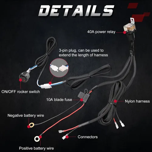 Miniatura 6 de OFFROADTOWN - Arnés de cableado de 2 conductores, kit de arnés de cableado de nailon para cápsulas LED, luz antiniebla, 12 V, 40 A, relé de fusible