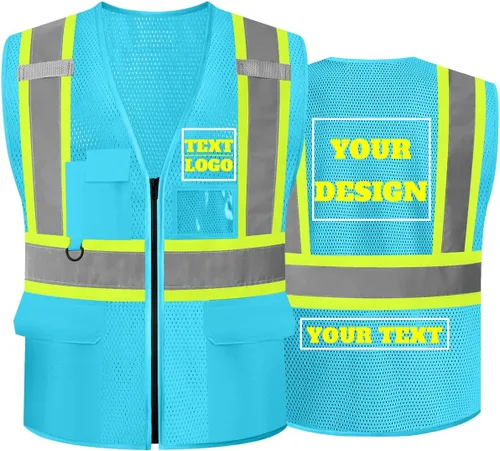 Miniatura 4 de Chaleco de seguridad reflectante de malla con logotipo personalizado Clase 2 con 5 bolsillos y cremallera Amarillo-5pack