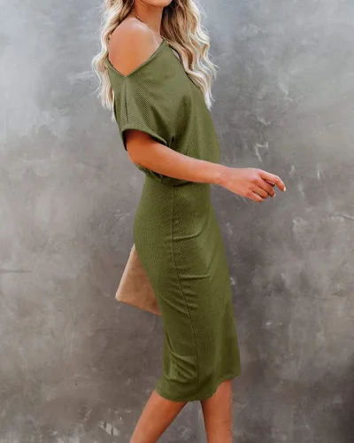 Miniatura 5 de Ezbelle Vestido por debajo de la rodilla, ajustado, para mujer, con hombro descubierto y manga corta, vestido acanalado informal y de fiesta