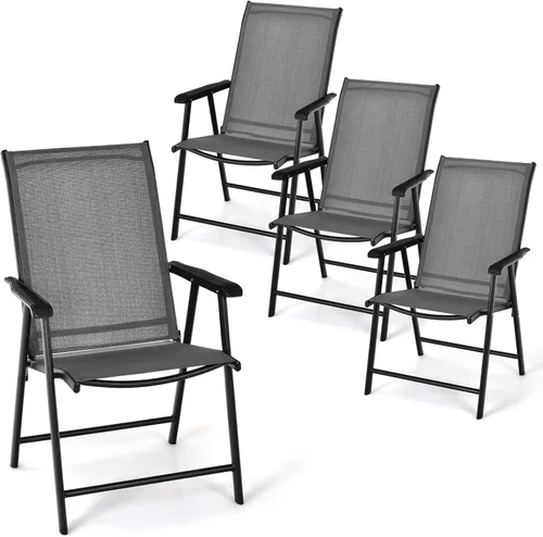 Miniatura 11 de Tangkula Juego de 2 sillas plegables para patio, sillas de comedor de tela para exteriores con respaldo alto y reposabrazos, marco de metal Negro