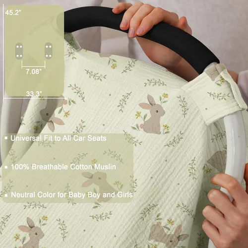 Miniatura 5 de Funda de asiento de automóvil 100% muselina de algodón, funda de toldo para asiento de automóvil, ajuste universal para niños y niñas (conejo lindo)