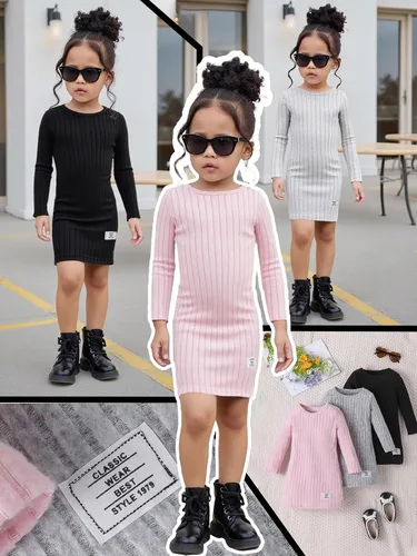 Miniatura 2 de Vestidos para niñas, Juego de 3 vestidos para niñas pequeñas de manga larga de color sólido, elegantes y casuales, con diseño acanalado, talla 2-8