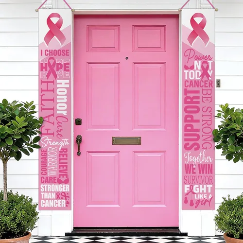 Letrero de cinta rosa para porche de concienciación sobre el cáncer de mama, mensaje inspirador de apoyo de fe y esperanza para puerta delantera,