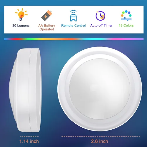 Miniatura 2 de Luces de disco con control remoto, 13 colores intercambiables, luces LED de disco con pilas, regulables, para debajo del gabinete, con 1 control
