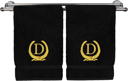 Miniatura 102 de Toalla de mano con monograma, regalo personalizado, 16 x 30 pulgadas, diseño de corona dorada bordada con letra blanca en toalla negra, extra