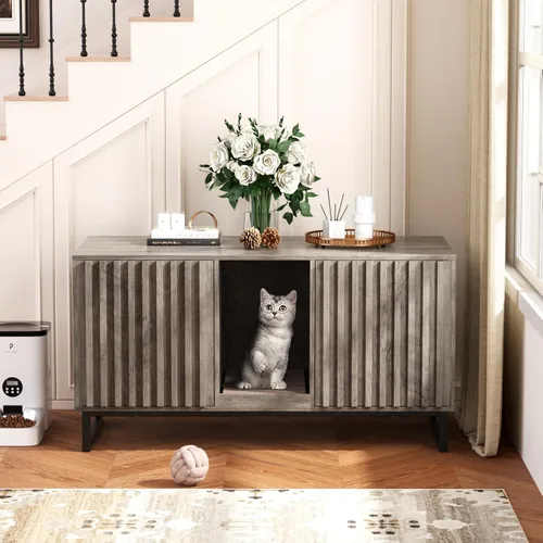 Miniatura 10 de Halitaa Caja de Arena para Gatos, Mueble Moderno de Caja de Arena para Gatos Caja de Arena Oculta con Almohadilla para Rascar, Mesa Auxiliar Casa