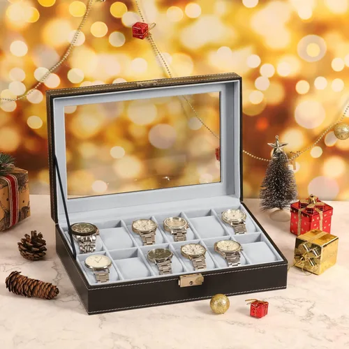 Miniatura 3 de Caja de reloj con 12 ranuras para reloj, organizador con parte superior de cristal, caja de almacenamiento de reloj negra para hombres y mujeres