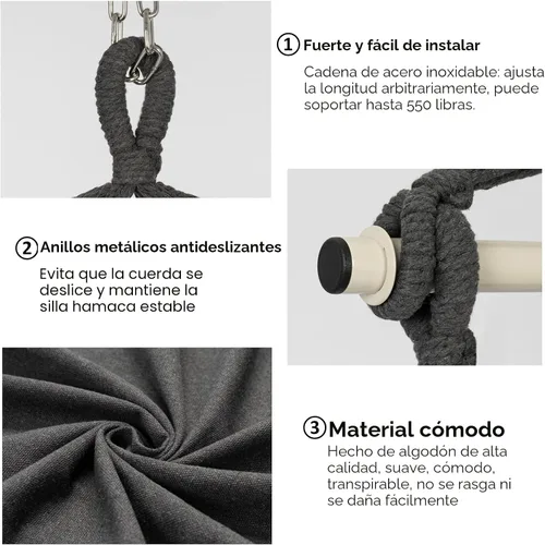 Miniatura 3 de Y- STOP Silla Hamaca Colgante Columpio de Cuerda, Máximo 500 Libras, 2 Cojines Incluidos, Silla Colgante Grande de Macramé con Bolsillo, Tejido