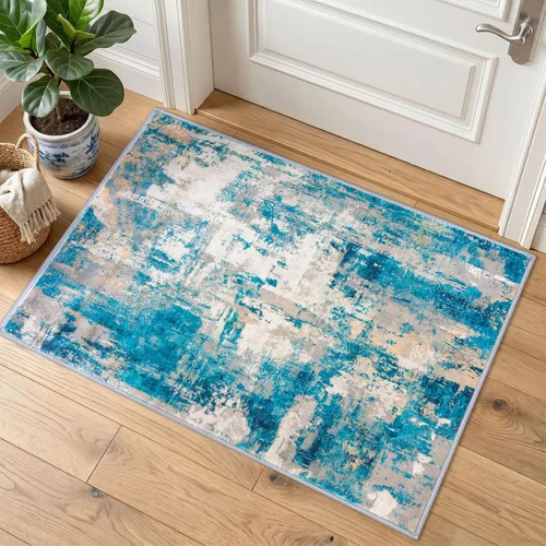 Miniatura 26 de KOZYFLY Tapete de entrada abstracto de 2 x 3 pulgadas, lavable, antideslizante, suave, para área pequeña, color azul y beige, moderno, a rayas