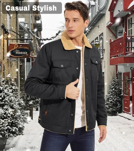Miniatura 4 de EKLENTSON Chaqueta de invierno para hombre, gruesa y térmica, de algodón, con forro polar, abrigo de camionero con solapa, para trabajo, para hombre