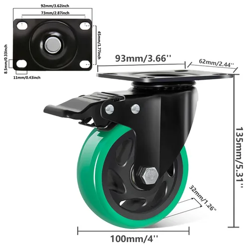Miniatura 2 de Ruedas giratorias de 4 pulgadas, juego de 4 ruedas giratorias de placa de alta resistencia de 2000 libras, ruedas de muebles con freno, ruedas Verde