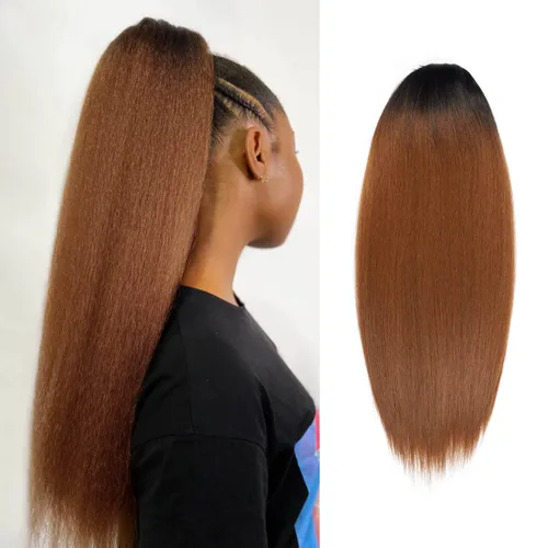 Miniatura 8 de GLAM21USA Extensión de cola de caballo Yaki recta de 24 pulgadas de largo con cordón para mujeres negras, extensión de cabello natural con clip