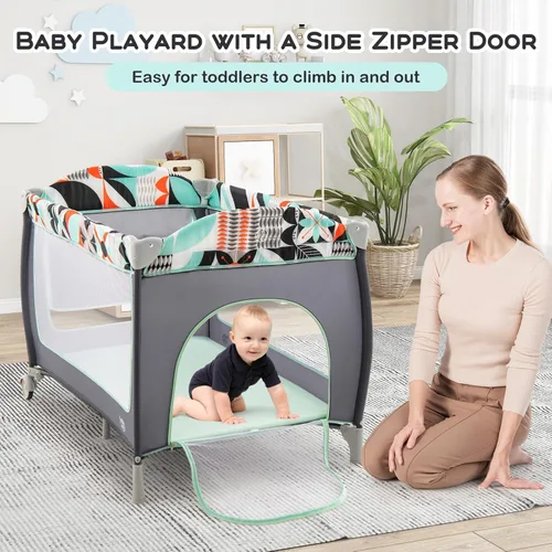 Miniatura 4 de BABY JOY 4 en 1 Pack and Play, corralito portátil para bebé con moisés, puerta lateral con cremallera, cambiador, centro de viaje para interiores