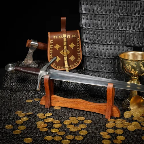 Miniatura 4 de Mythrojan Soporte de espada medieval de madera maciza horizontal para katana, samurái, gladiador, espadas cruzadas, soporte de mesa elegante, 1 nivel