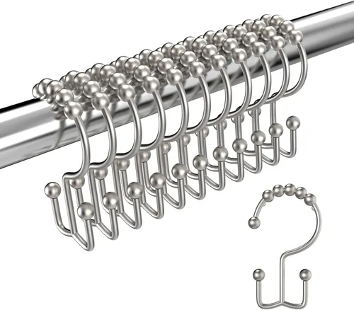 Miniatura 9 de Ganchos de doble cara para cortina de ducha con bolas de rodillo de deslizamiento suave, ganchos de metal inoxidables para cortina y forro, juego