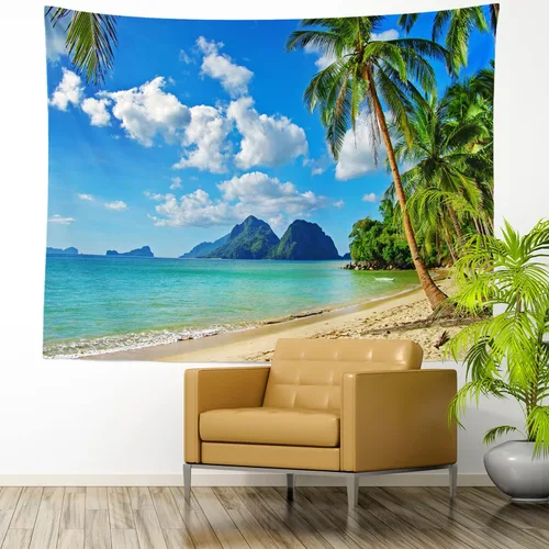 Loccor Tapiz de playa tropical, isla costera, palmeras, olas, tapiz de pared de verano, paraíso hawaiano, paisaje para colgar en la pared, hippie y