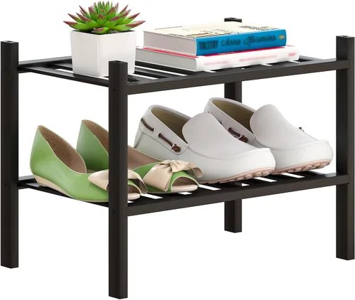 Zapatero de bambú apilable para zapatos, organizador de almacenamiento para unidad, entrada, pasillo y armario, estante pequeño resistente e Negro