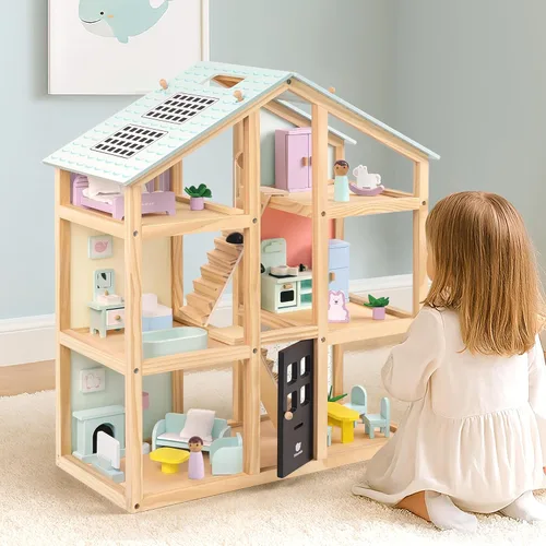 Pillowhale Casa de muñecas de madera, casa de muñecas de 6 habitaciones con juego de muebles de 38 piezas, casa de juegos moderna de bricolaje, casa