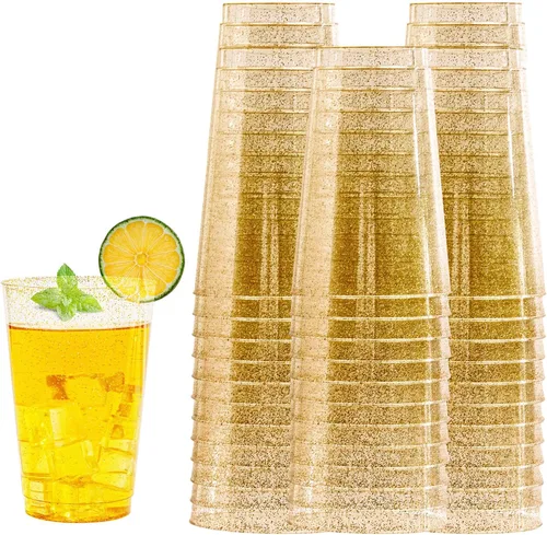 Miniatura 9 de I00000 Paquete de 100 vasos de plástico dorados de 14 onzas, vasos desechables de plástico con purpurina dorada, copas de vino desechables, copas