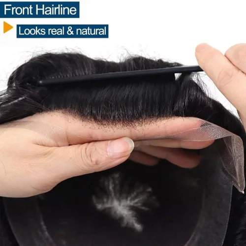 Miniatura 3 de HAPPY&CC Toupee - Sistema de reemplazo de cabello humano real para hombre, transpirable, piel fina, encaje suizo, densidad media de luz