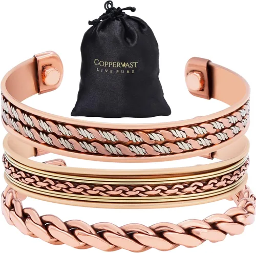 Miniatura 11 de Coppervast Pulseras de cobre para hombre y mujer Juego de 3 con bolsa de regalo Hecho a mano 100% cobre