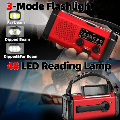 Miniatura 7 de QAUYYW Radio de Emergencia Meteorológica, Radio de Manivela Portátil de 37000mWh NOAA/AM/FM, Luz de Lectura, Radio Solar, Linterna de Emergencia