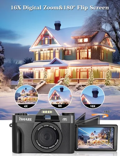 Miniatura 2 de Cámara de vlogging 4K 56MP para YouTube, cámara compacta de viaje para apuntar y disparar con lentes macro gran angular, 2 baterías, anti-vibración