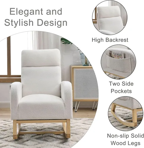 Miniatura 5 de Mecedora para guardería con patas de madera maciza, silla deslizante para guardería con dos bolsillos laterales, sillón mecedor para sala de estar