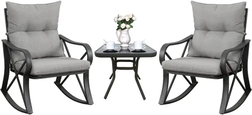 Miniatura 7 de COSIEST Juego de 3 sillas mecedoras para exteriores, muebles de patio de ratán con cojines gruesos y cálidos beige y mesa auxiliar de almacenamiento