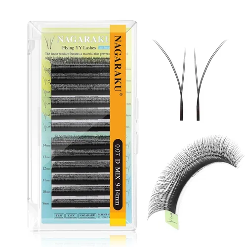 Miniatura 44 de Suministros de extensiones de pestañas NAGARAKU yy, pestañas falsas 0.05mm rizado D, bandeja mixta 8-12mm, prefabricadas 4D, abanico fácil, volumen