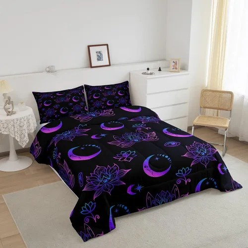 Miniatura 2 de Erosebridal Juego de ropa de cama bohemio con luna y loto bohemio, relleno de edredón negro de Fátima Hamsa, edredón hippie con ojos misteriosos