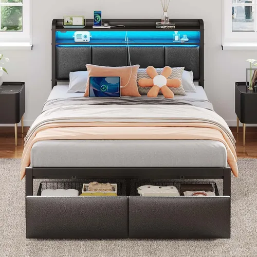 Miniatura 18 de Rolanstar Armazón de cama tamaño completo con estación de carga y luces LED, cabecera tapizada con estantes de almacenamiento, listones de metal