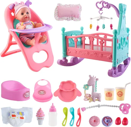 deAO Juego de Muñecas de Bebé de 12" con Cuna, Móvil, Silla Alta, Accesorios de Alimentación, Muñecas Interactivas para Niñas, Juego de Simulación