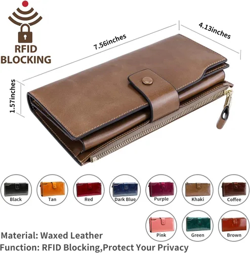 Miniatura 19 de Itslife - Cartera de piel sintética encerada para mujer con bloqueo de identificación de radio frecuencia (RFID), de gran capacidad, encerada