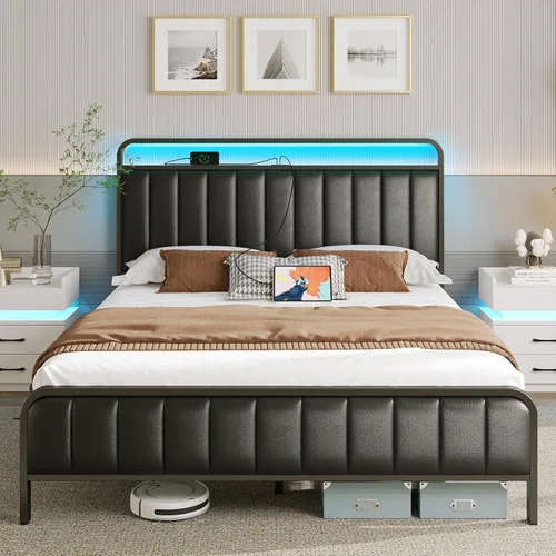 Rolanstar Estructura de cama tamaño completo con luz LED y estación de carga, cabecera y pie de cama tapizados, listones de metal, sin ruido, fácil