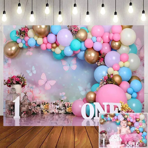Fondo de globo dorado rosa para fiesta de primer cumpleaños para niña Sweet One Wonderland Flowers Butterfly Photography Background Birdcage