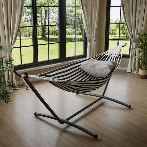 Miniatura 3 de GarveeLife Hamaca doble para 2 personas, hamaca de pie para interiores y exteriores con soporte de acero que ahorra espacio, bolsa de transporte