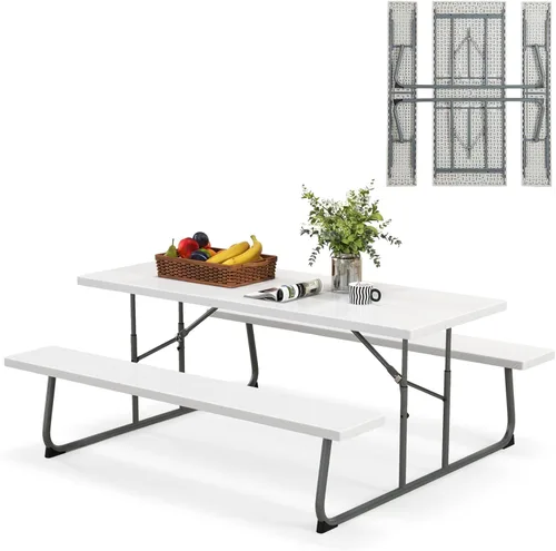 Miniatura 12 de Tangkula Mesa de picnic plegable de 6 pies, mesa de picnic al aire libre con 2 bancos integrados, agujero para paraguas, marco de metal y mesa