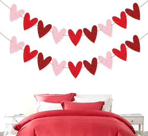 Miniatura 5 de XIANMU Paquete de 2 guirnaldas de corazón con purpurina para decoración del día de San Valentín, diseño romántico de corazón para aniversario, boda