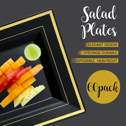 Miniatura 2 de JOLLY CHEF Paquete de 60 platos de plástico para cumpleaños de Halloween, plástico cuadrado dorado con elegante borde dorado de 9.5 pulgadas, platos