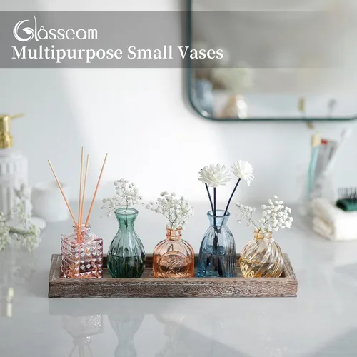 Miniatura 6 de Glasseam Jarrones de cristal para flor: 5 coloridos jarrones pequeños con bandeja de madera rústica para el hogar, oficina, sala de estar, baño