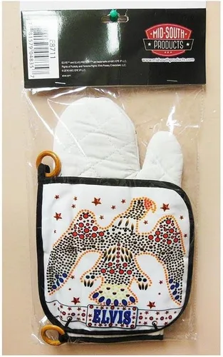 Miniatura 3 de Midsouth Products Elvis Presley - Juego de manoplas para horno y soporte para ollas, color blanco