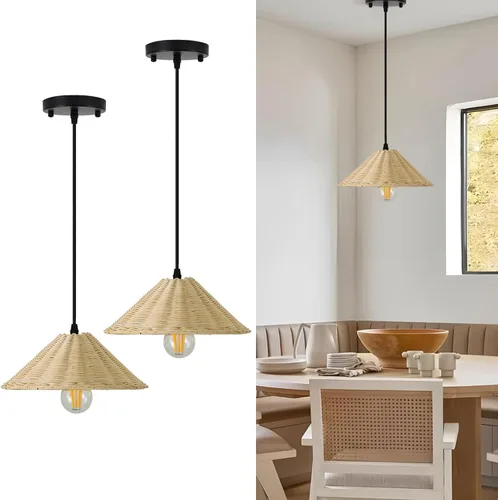 Miniatura 10 de 1 lámpara colgante de bambú tejida a mano, estilo bohemio, elegante, cordón ajustable, ratán de bambú, lámpara colgante de techo para comedor, bar