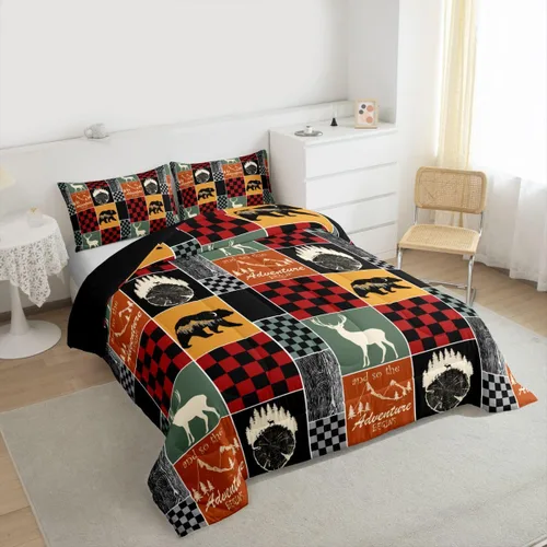 Miniatura 204 de Juego de edredón de oso y ciervo, tamaño individual, ropa de cama de animales salvajes de caza, colcha rústica de cabaña, casa de campo, cuadros