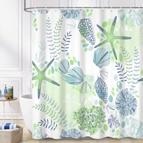 Miniatura 8 de Cortina de ducha náutica costera, cortina de baño con temática de playa y océano, decoración de baño con estrella de mar, coral, concha marina, tela